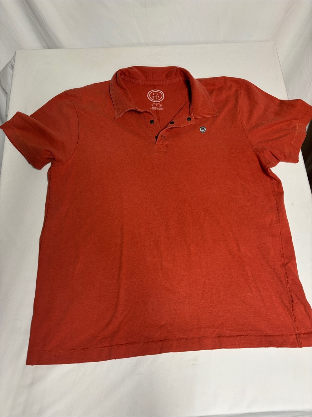Life is Good Men’s Large Polo Shirt 100% Cotton Rust Orange Snap Front Peru